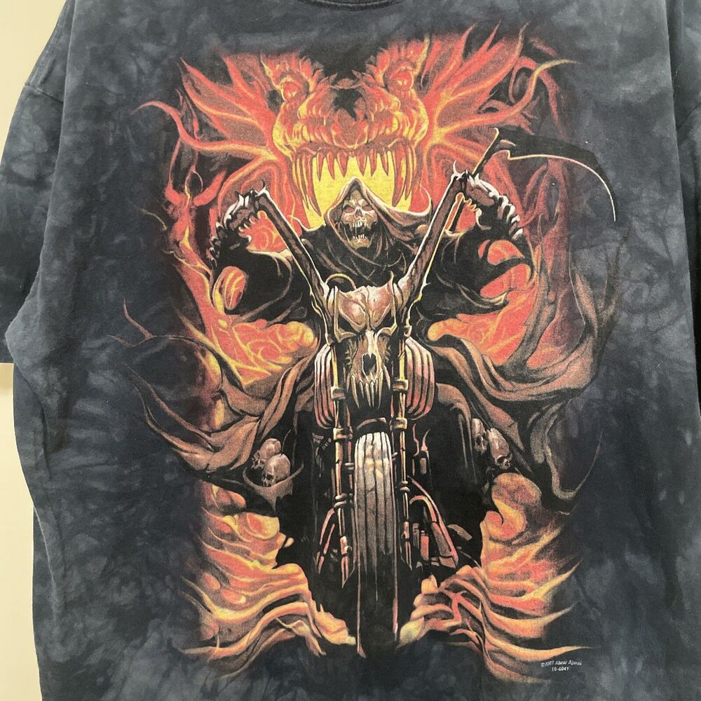 VTG Tie Dye XL Skull Grim Reaper Motorcycle T-shirt Fire Skull Grunge Hog Harley
